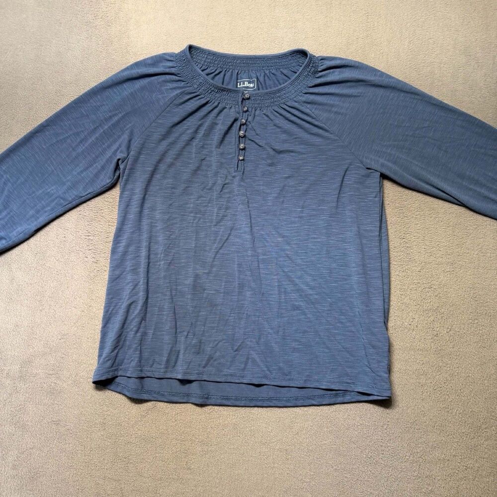 L.L.Bean Womens Medium 3/4 Sleeve Henley Blouse Blue Stretch Casual Top - Picture 2 of 9